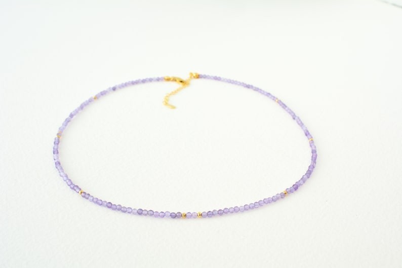 Dainty Amethyst Faceted Round Gemstone Gold Filled Beads Handmade Necklace 18”