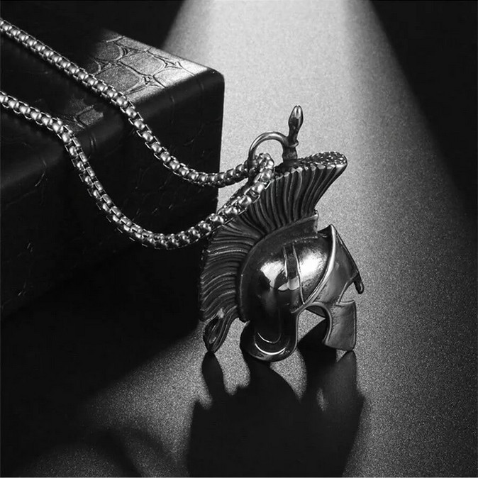 Roman Spartan Warrior Mask Helmet Jewelry Vintage Silvery Pendant Necklace