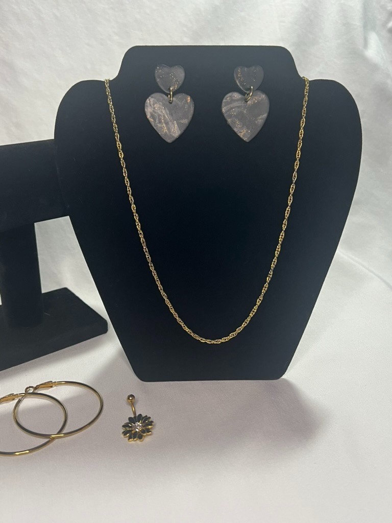 Gold Tone Jewelry Set: Rope Chain, Large Hoops, Heishi Bracelet, Belly Ring
