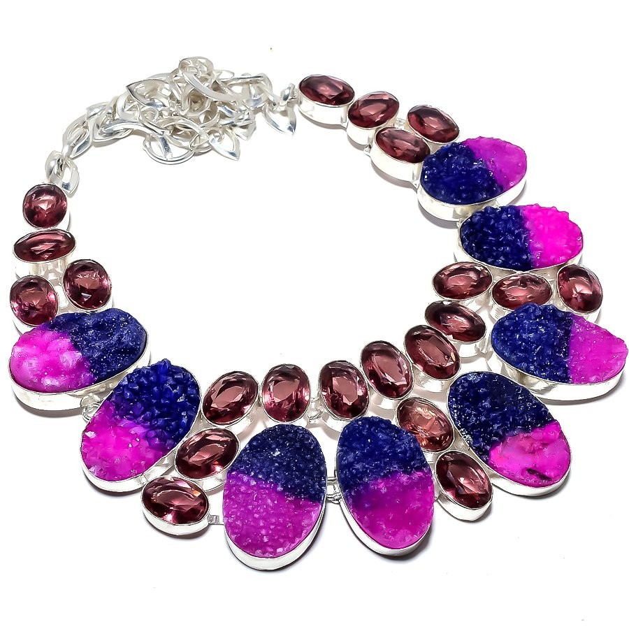 Bi-Color Quartz Drusy, Amethyst 925 Sterling Silver Necklace 16-18″ S21