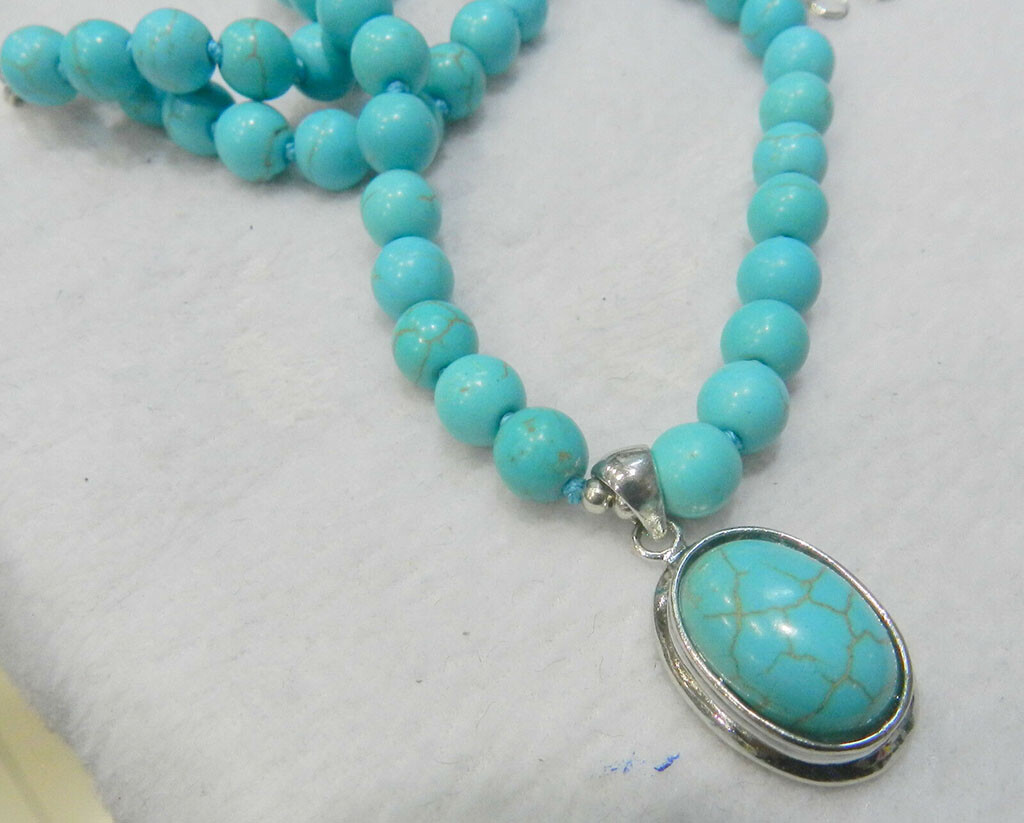 8mm Turkish Blue Turquoise Round Gemstone Beads & 16x22mm Pendants Necklace 18”