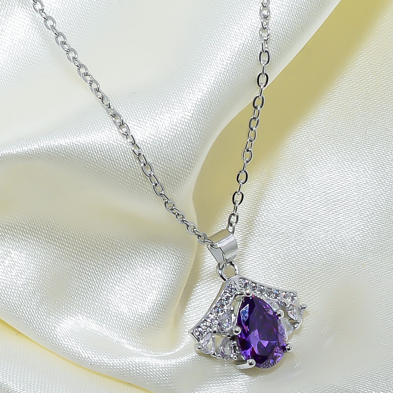 Purple Amethyst & Cz 925 Sterling Silver Pendant With Chain 18-20″ CP14575