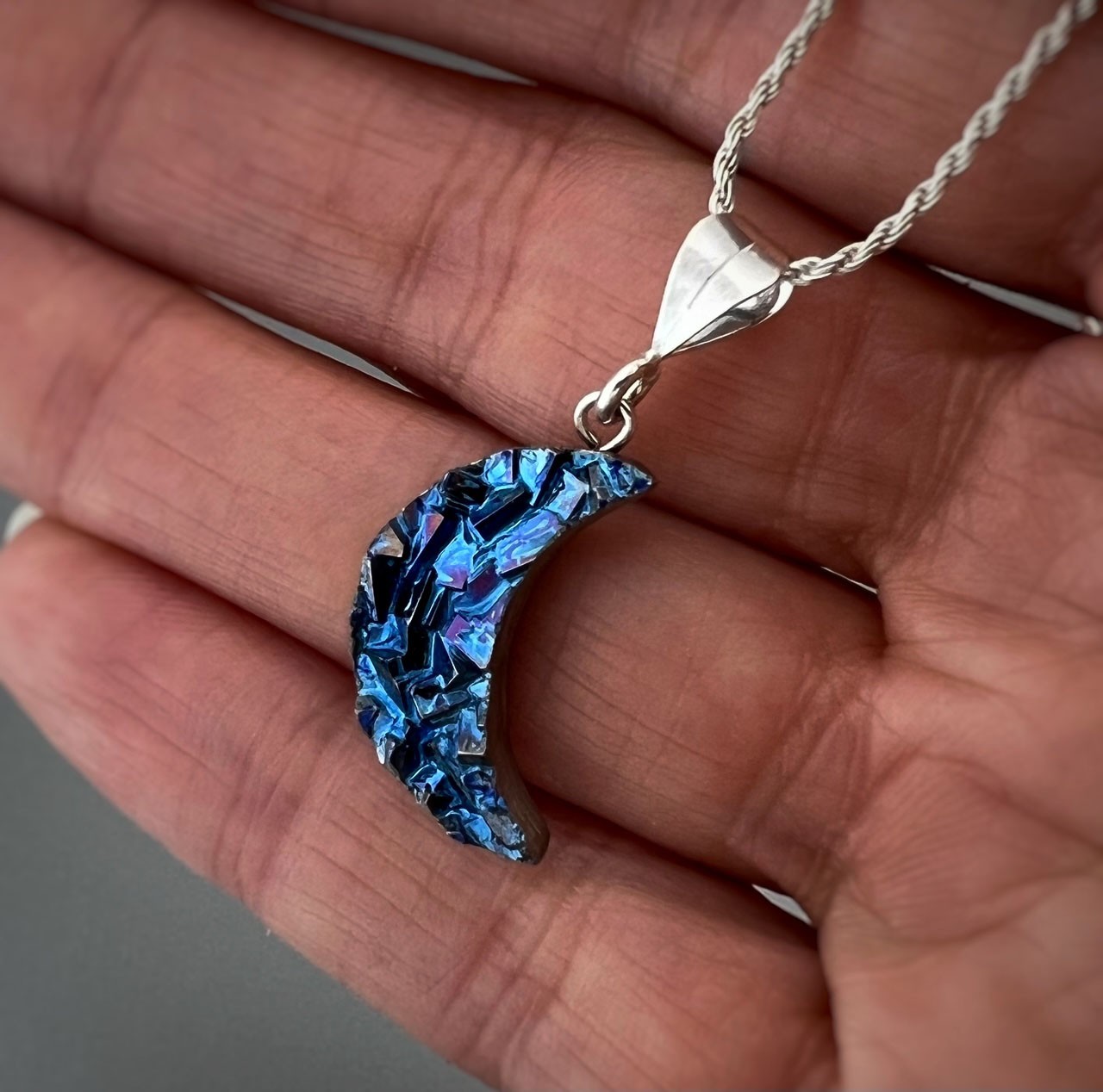 Bismuth crystal blue moon necklace, new, handmade, celestial jewelry Element 83