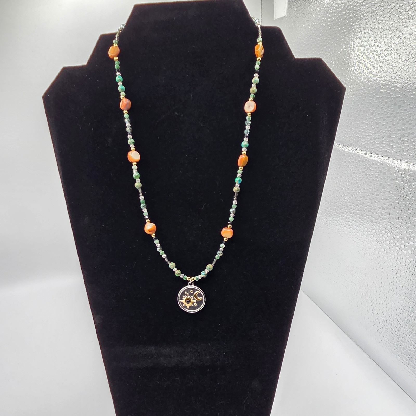 Bohemian Celestial Sun Moon Beaded Necklace Orange Shell Turquoise Stone Pendant
