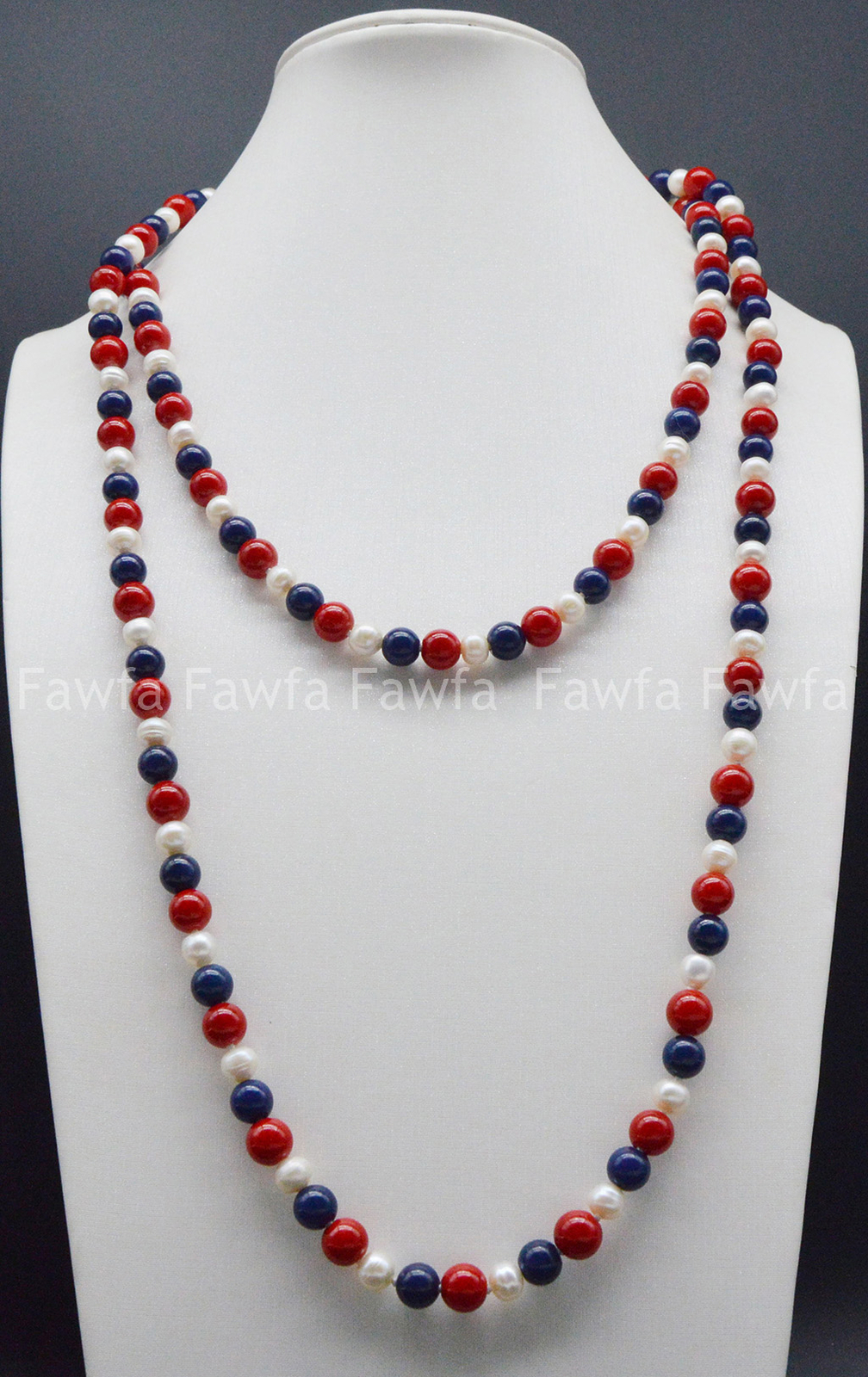 6-7mm White Pearl 8mm Red Coral Blue Lapis lazuli Round Beads Necklace 16-100”
