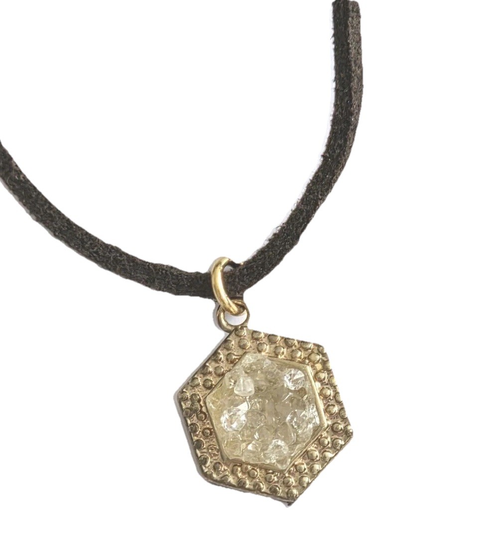 BLB Necklace With Black Cord, 6 Sided Pendant with Gold Tone-6.5 + 3 In Length