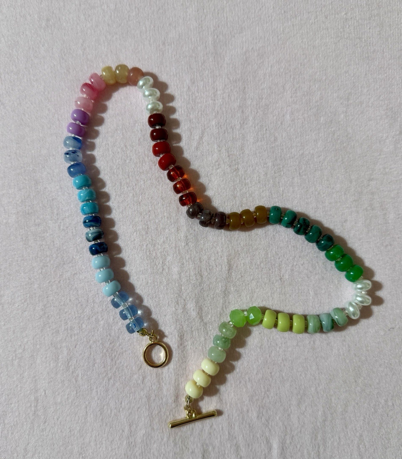 Multicolor Glass Beaded Necklace with Gold Tone Toggle Closure