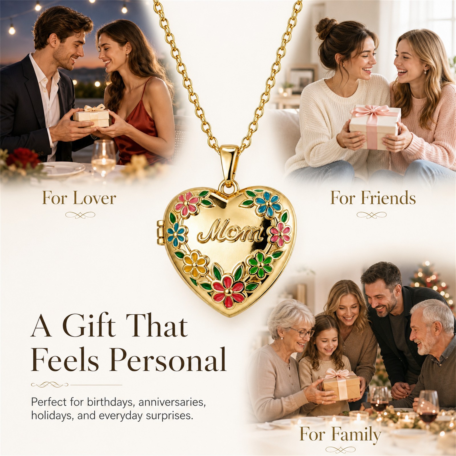 Engraved “Mom” Colorful Enamel Heart Pendant Photo Locket Necklace Adjustable