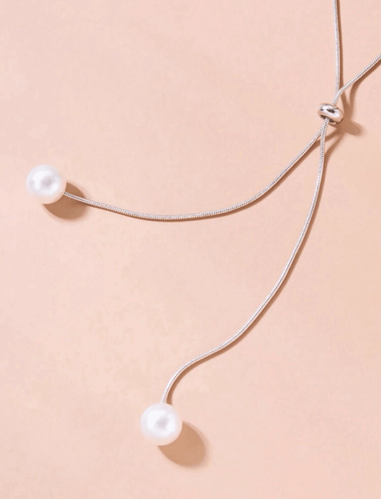 Long Imitation Faux Pearl Pendant Necklace Luxurious Chain Pendant Silver Color