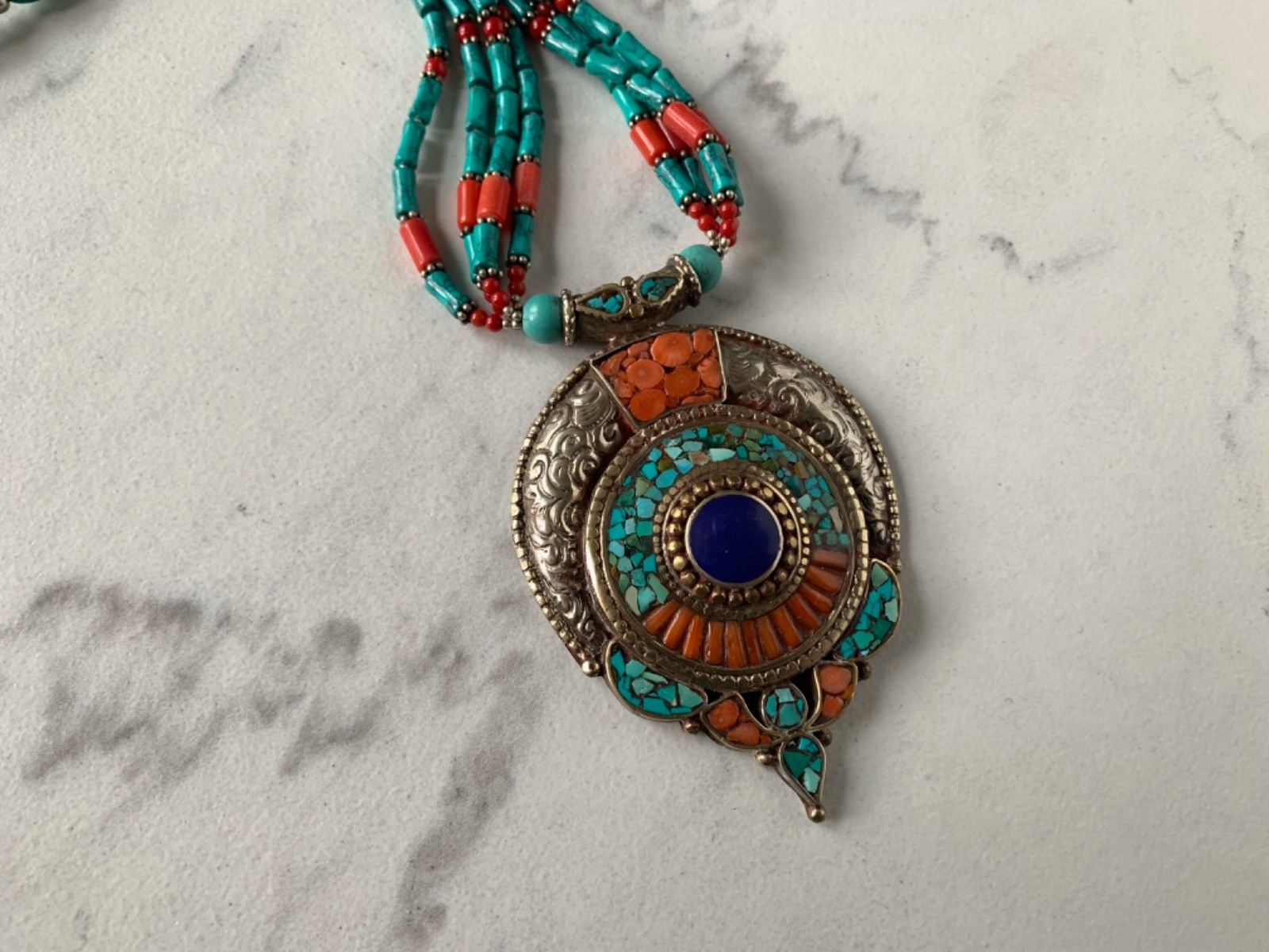 Traditional Tibetan Silver Turquoise, Coral, Lapis Amulet 18″ Necklace 61
