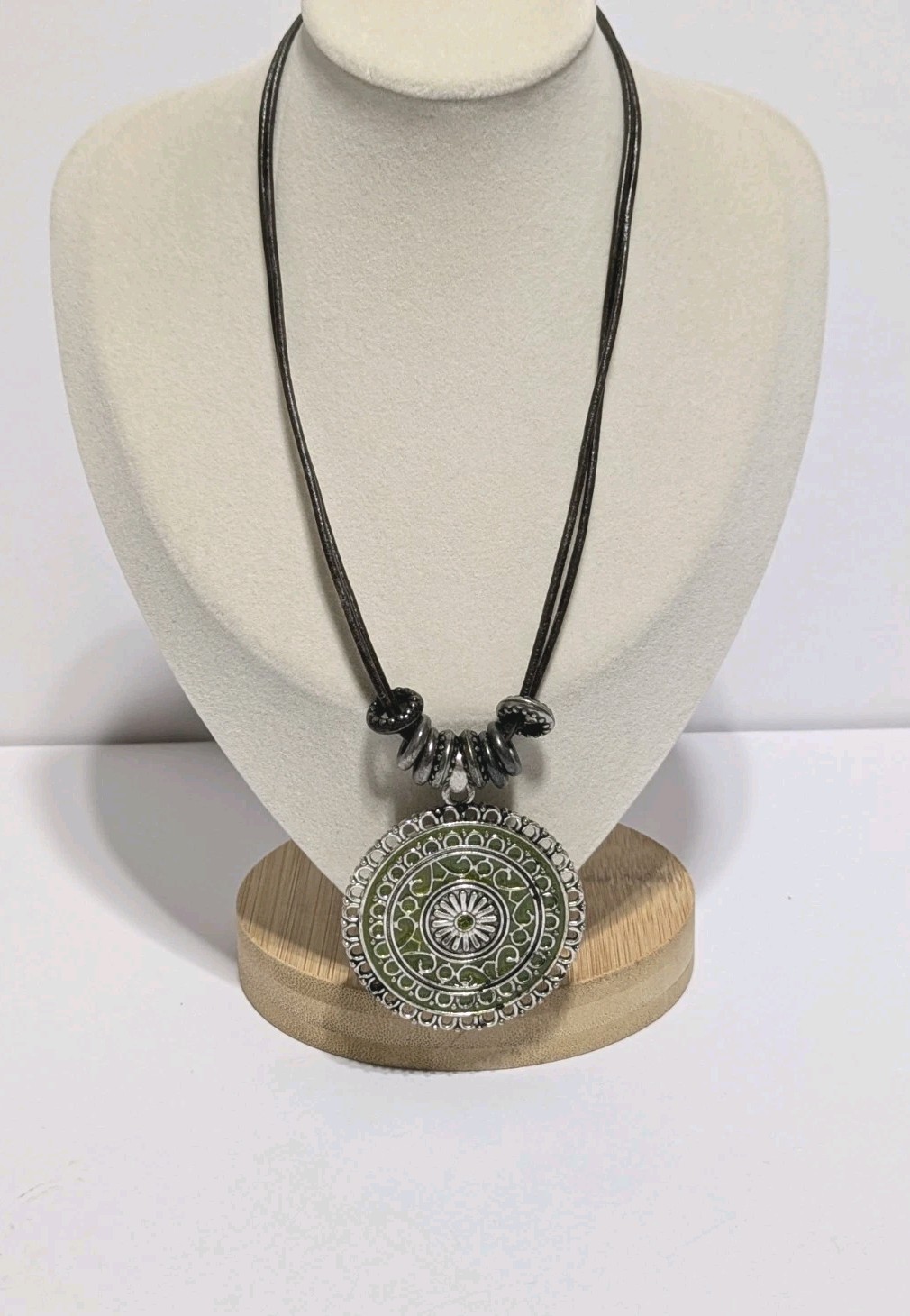 Faux Leather Brown Necklace With Silver Tone & Green Enamel Medallion Pendant