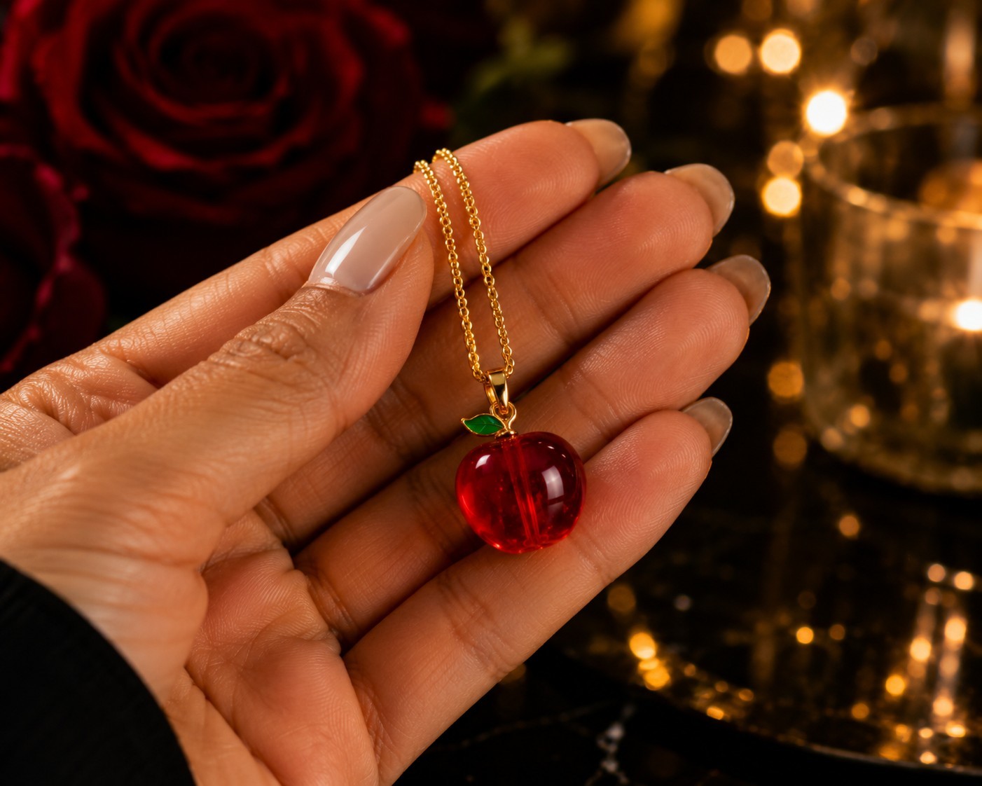 Red Apple Pendant Necklace Gold Plated Chain Glass Fruit Charm Cute Gift 18″