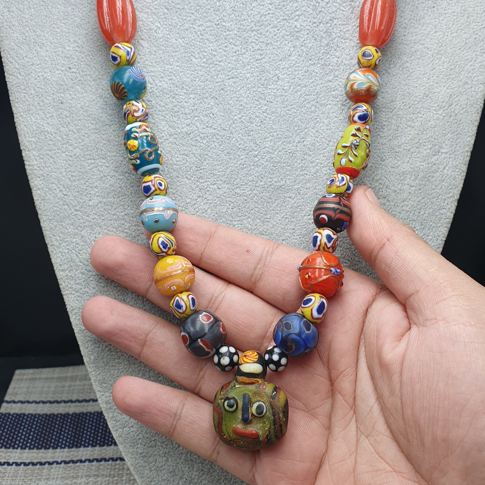 Vintage Venetian Style Mix Glass With Old Face Glass Pendant Necklace