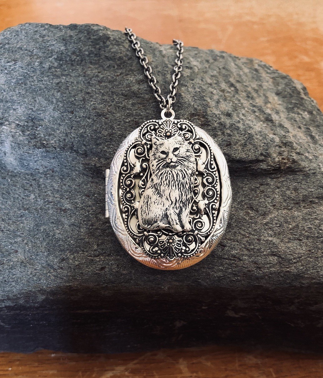 Cat Locket Necklace, Photo Memorial Ashes Pendant, 925 Sterling Silver Chain