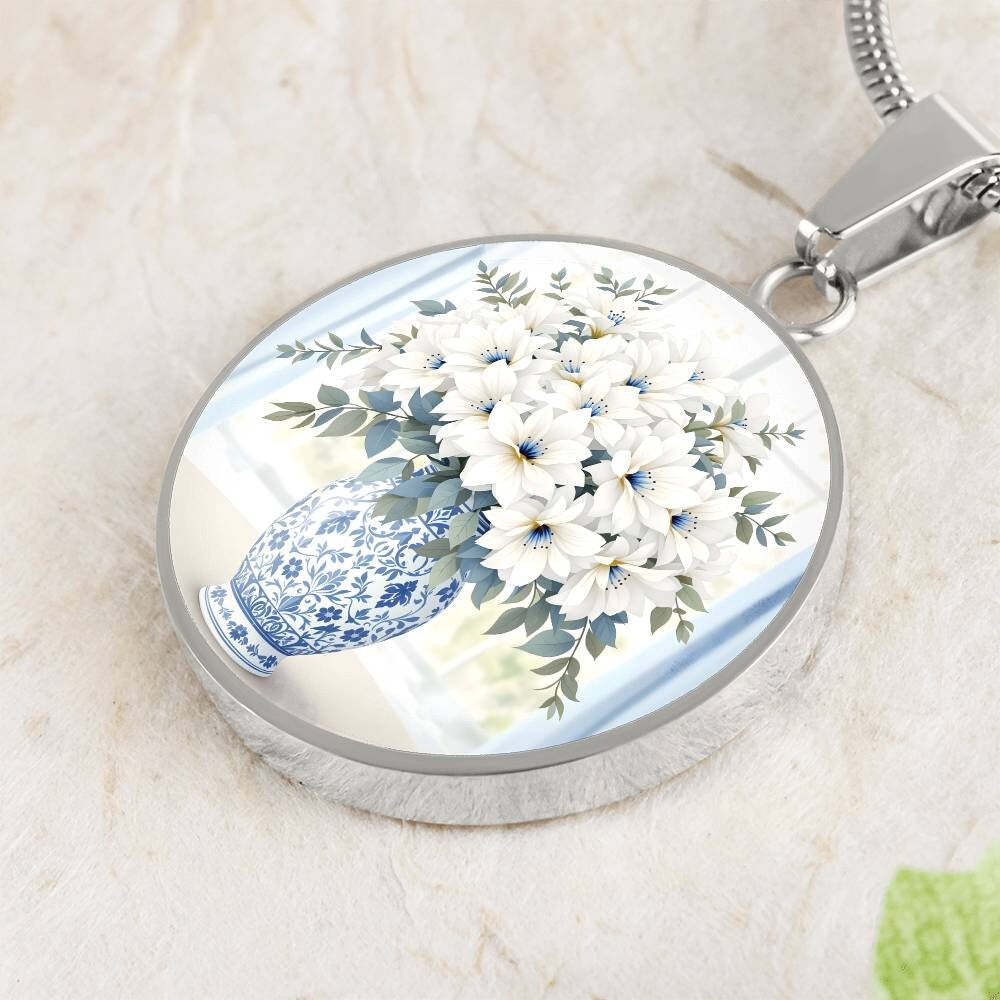 Engraved Floral Pendant Necklace Delft Blue Vase