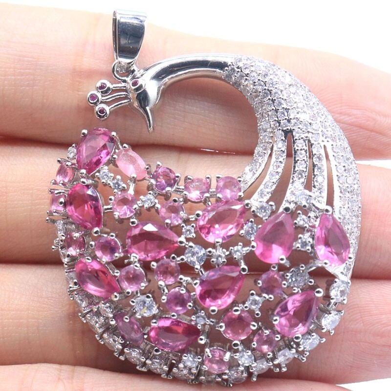 Multi Color Peacock Big Tourmaline Citrine Blue Topaz Kunzite CZ Silver Pendant