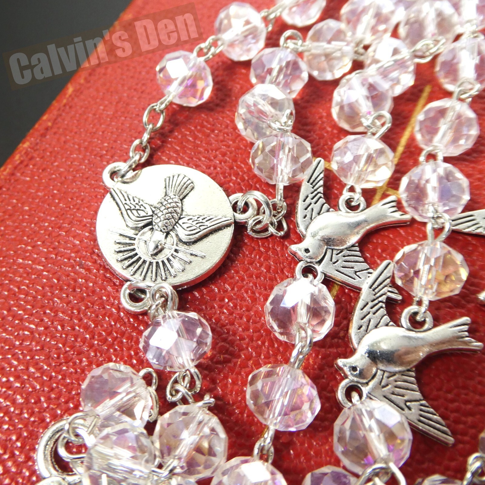 Holy Spirit Dove AB Clear Crystal Bead Cross Rosary Necklace Men Women Gift