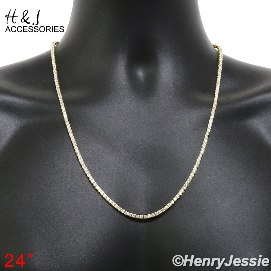925 STERLING SILVER 17″-28″X3MM GOLD PLATED 1 ROW TENNIS CZ NECKLACE*GN10