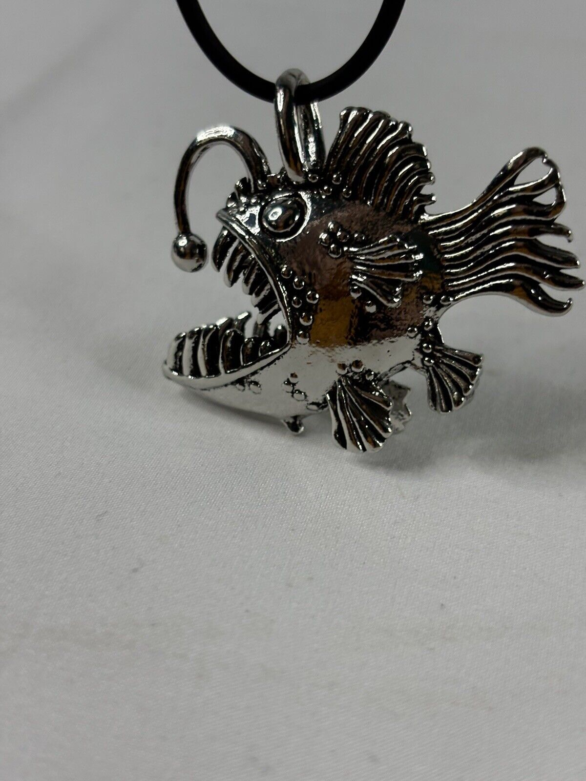Angler Fish Tiki Necklace Silver Tone Metal Black Cord Surfer Beach Cute