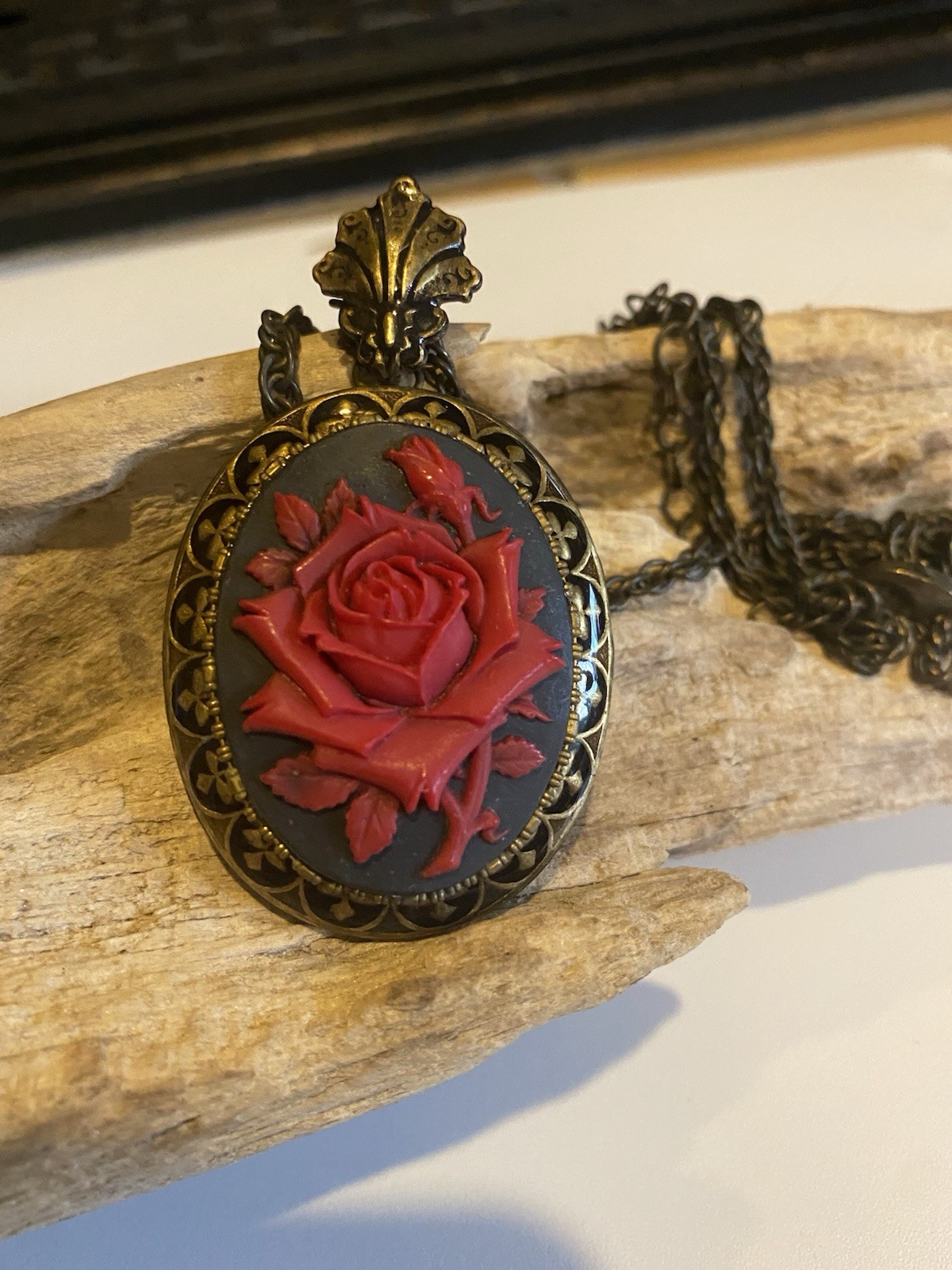 Sweet Romance USA Red Rose Double Strand Statement Necklace Antique Gold