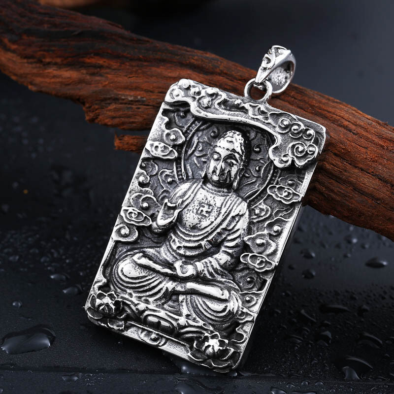 MENDEL Stainless Steel Mens Thai Tibetan Large Amulet Buddha Pendant Necklace