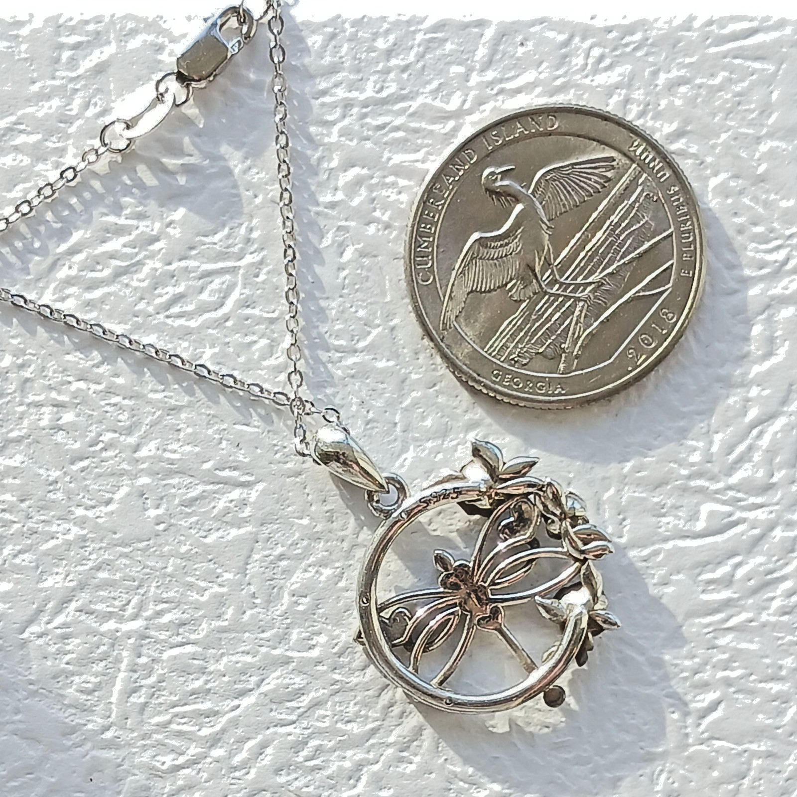 US Seller, Sterling Silver 925 Hearts & Flowers Dragonfly Compass, 18+2″ Chain