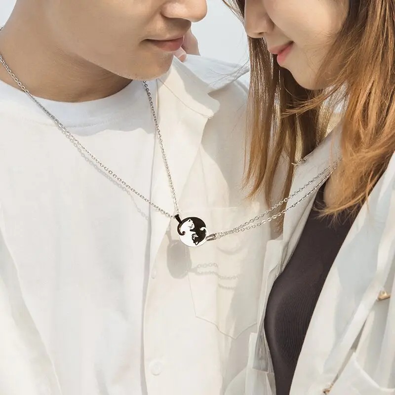 Two Cat Couple Necklaces Jewelry Stainless Steel Black White Kitten Animal Penda