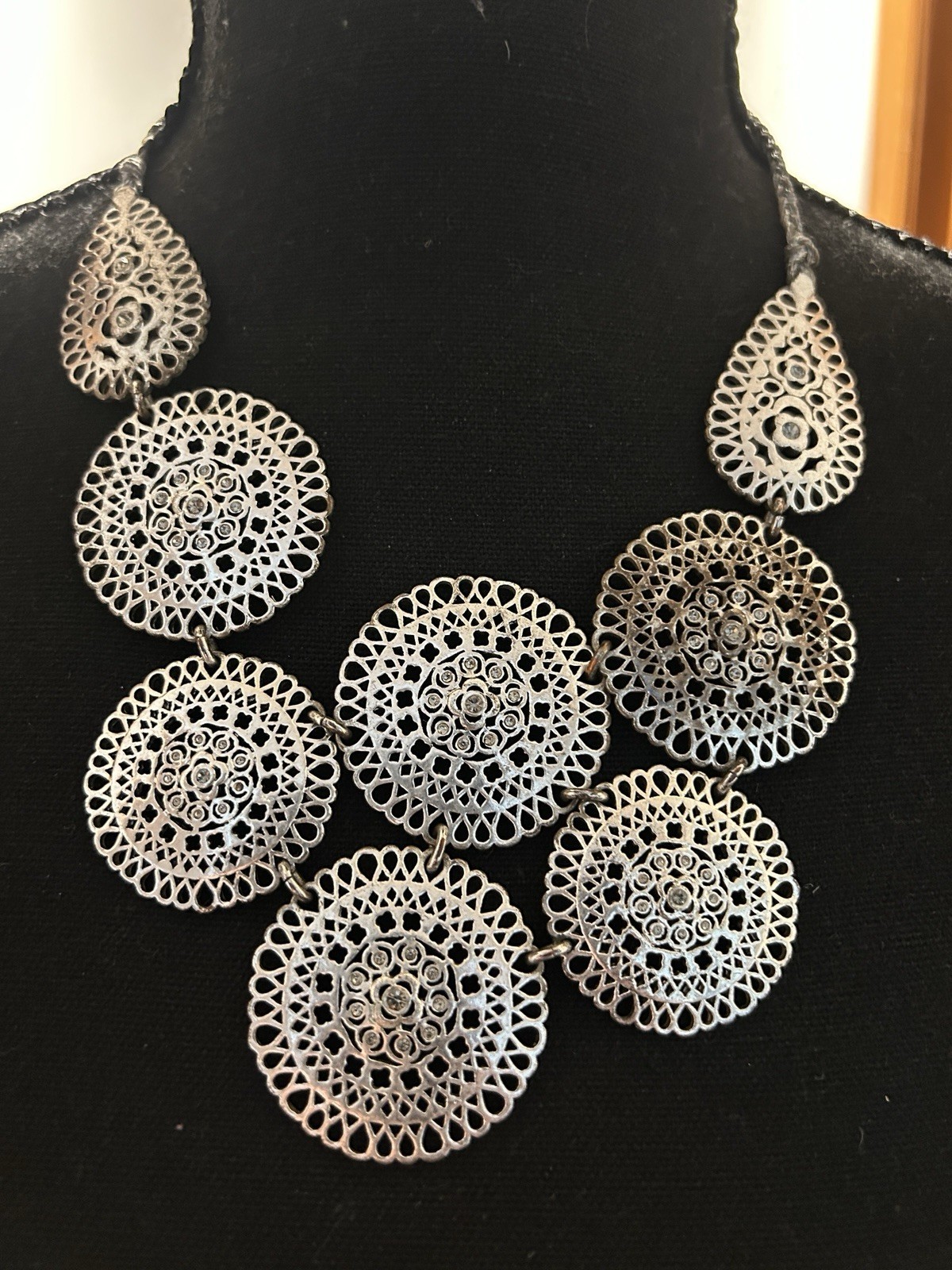 Silver Tone Filigree Bib Necklace with Round Pendants Adjustable Hook Closure