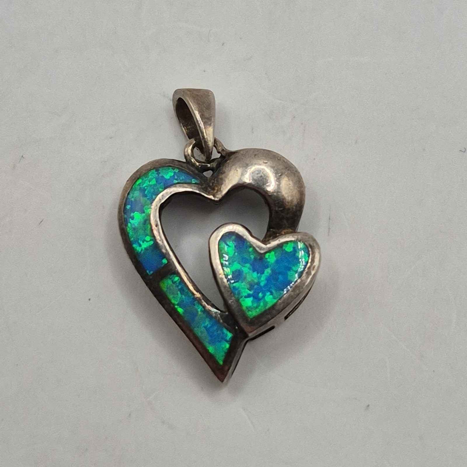 Modern Sterling Silver 925 AK Double Interlocking Heart Lab Created Opal Pendant