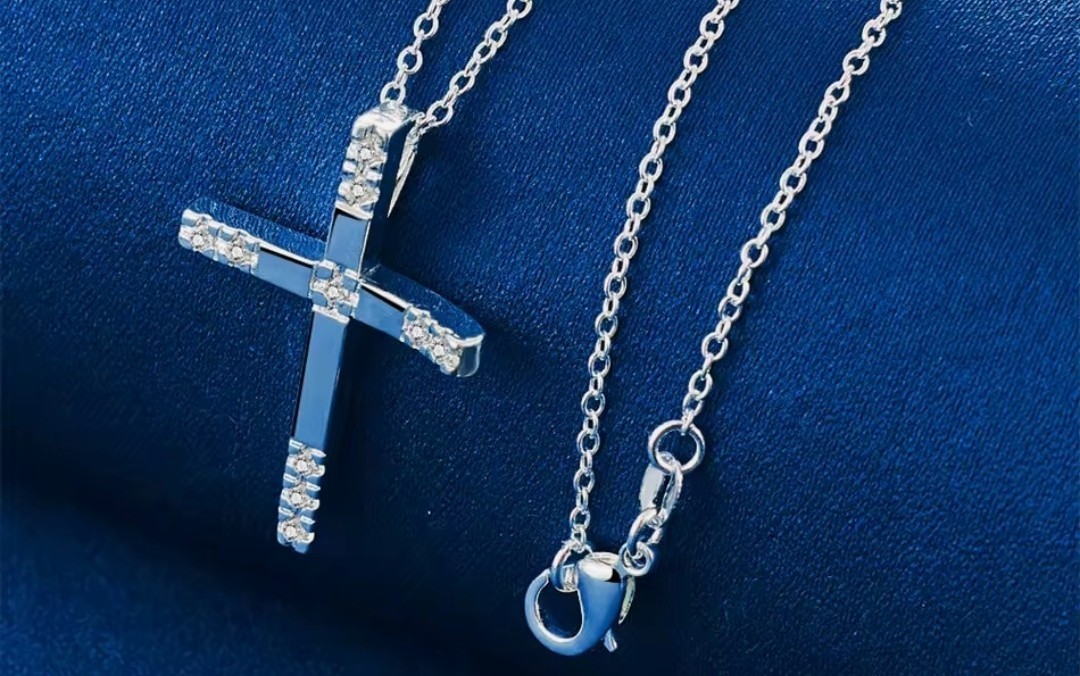 Rhinestone Cross Pendant Necklace Silver Plated Cable Chain, Crystal, Lobster