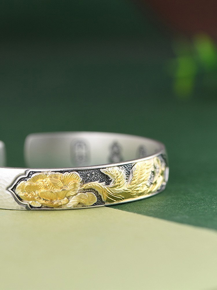 Gilded Phoenix Peony Wide Cuff Bangle Chinese Blessing 999 Solid FineSilver Gold
