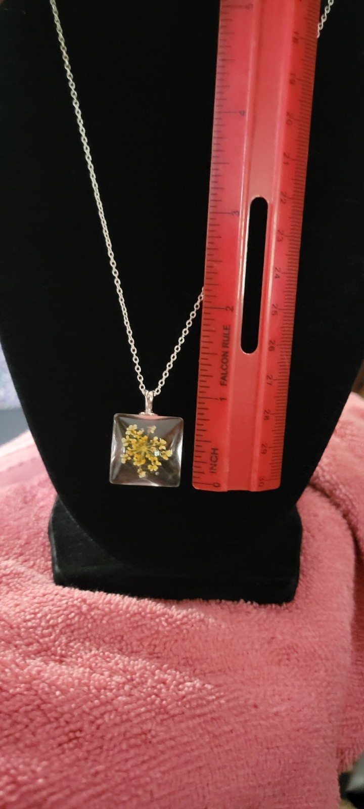 Square Clear Glass Yellow Flower Pendant Necklace 16 Inch, 925 Chain
