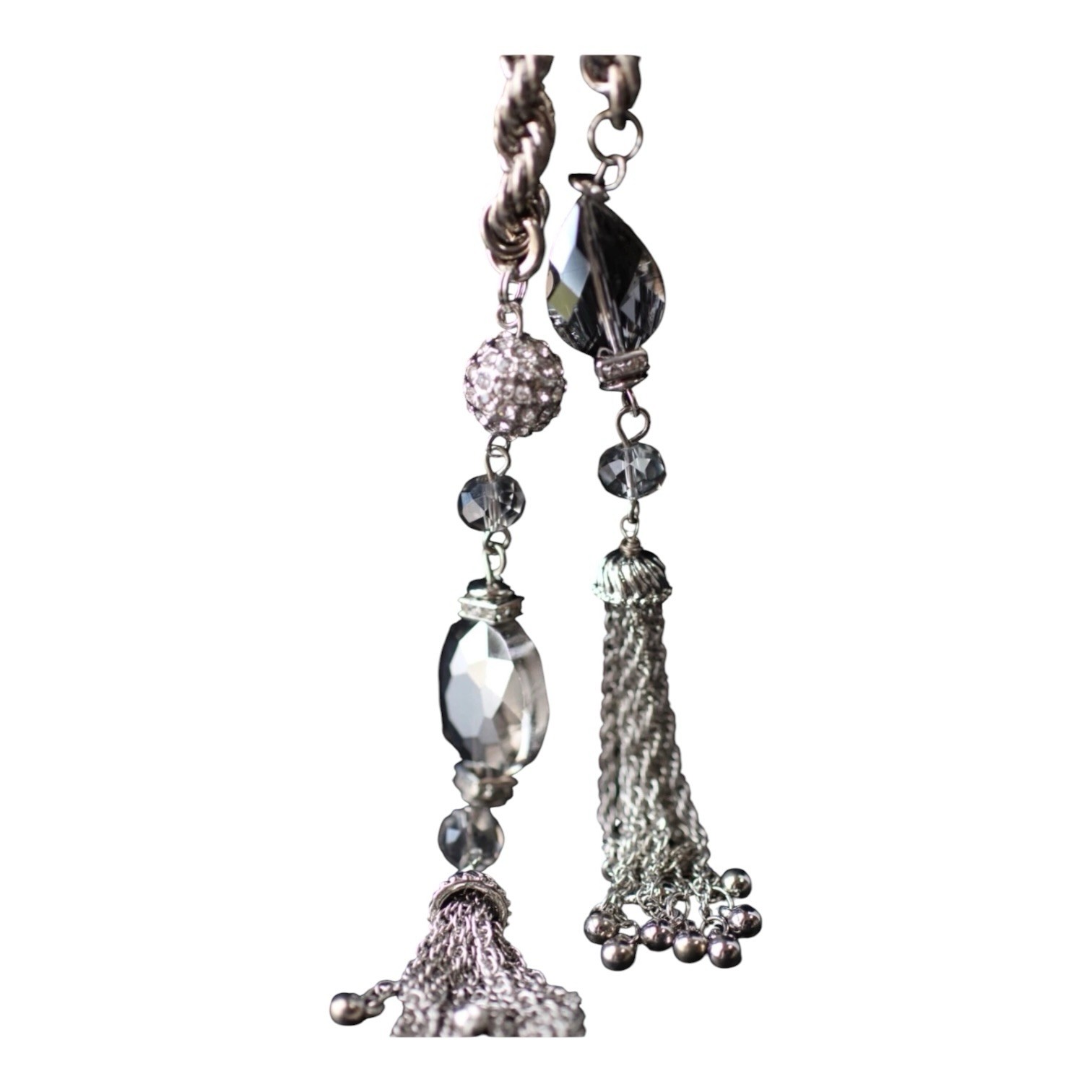 NEW Traci Lynn Silver Rope Lariat Necklace Crystal Drop 17”- 20” Statement Piece