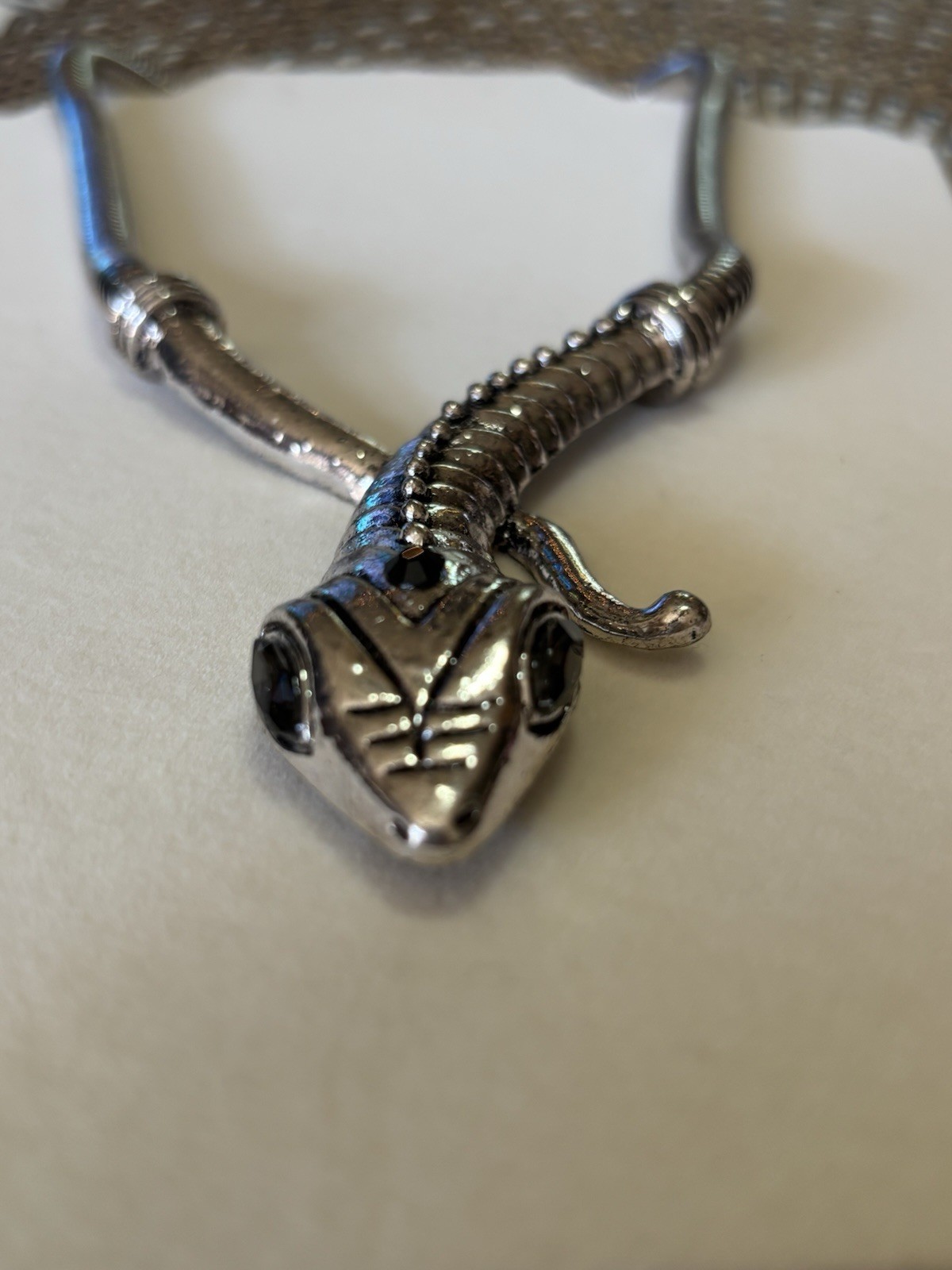 Silver Plated Snake Pendant Necklace Gray Marquise Crystal Eyes Adjustable