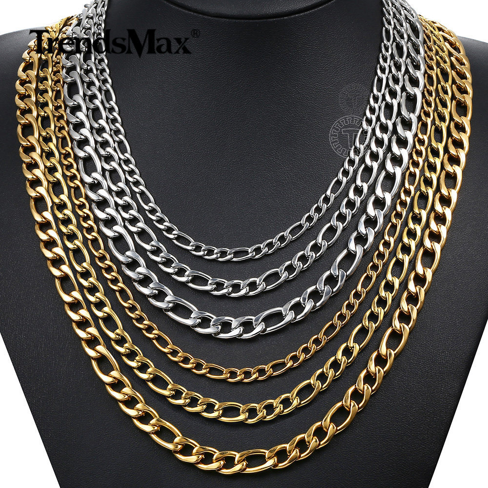 3/5/7/9mm 16″-30″ Gold Plated Stainless Steel Figaro Chain Necklace Men Women