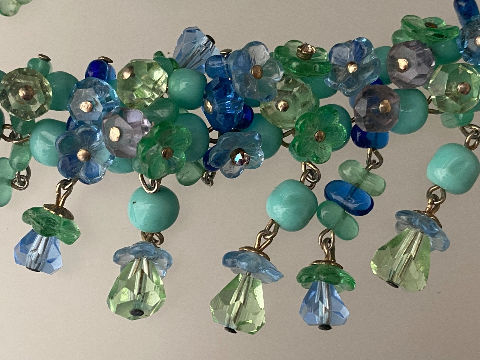 Vintage Mid Century Blue Green Glass Floral Necklace and Earrings Set Germany