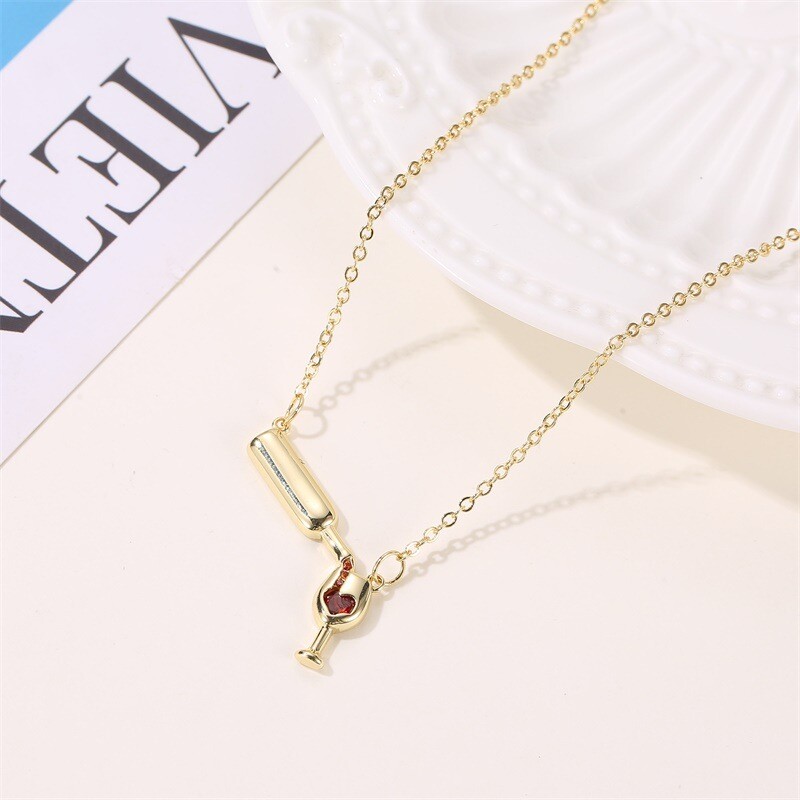 Gold Bottle of Wine w/ Glass Pendant Chain Necklace Jewelry – Cute and Fun