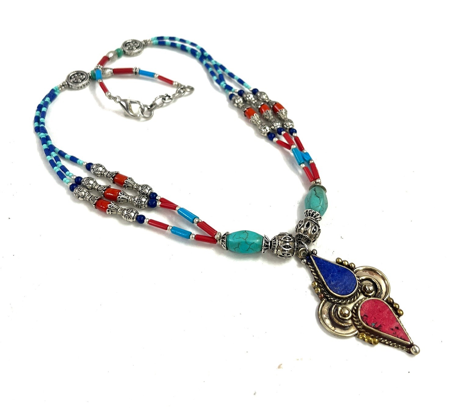 Red Coral Turquoise Gemstone Tibetan Handmade Necklace Jewelry, 18 Inc Adjst