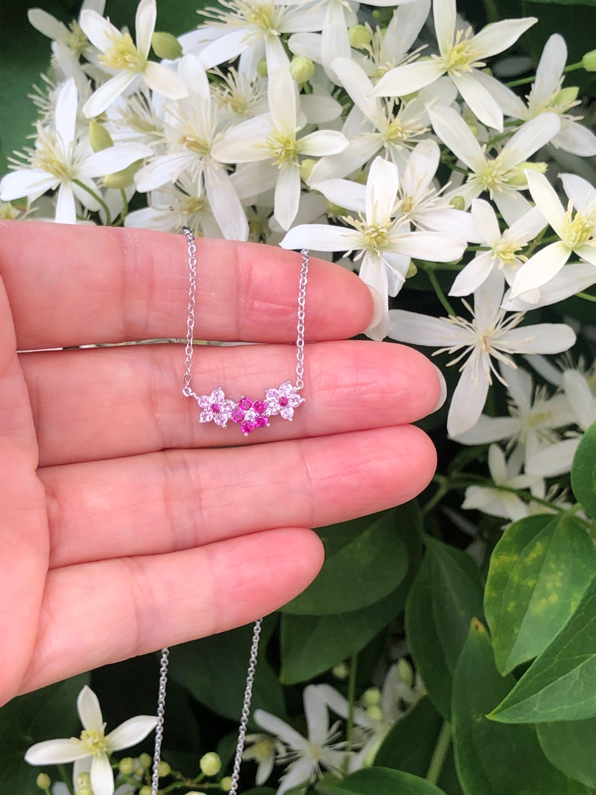 925 Sterling Silver CZ Triple Pink Flower Pendant Necklace Women Girl 16mm 17.5″