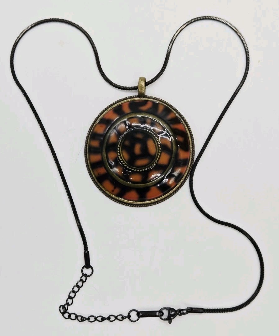 Black & Orange Multicolored enamel Medallion Pendant Necklace Art Deco 18 in