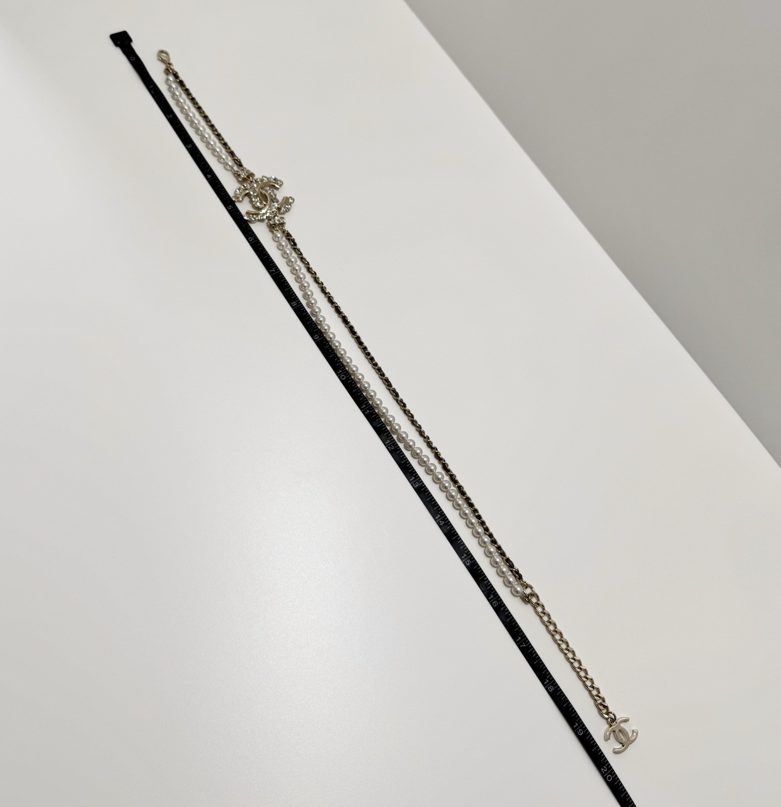 Chanel Pearl Crystal CC Necklace Bronze Leather 23P Adjustable Light Gold Chain