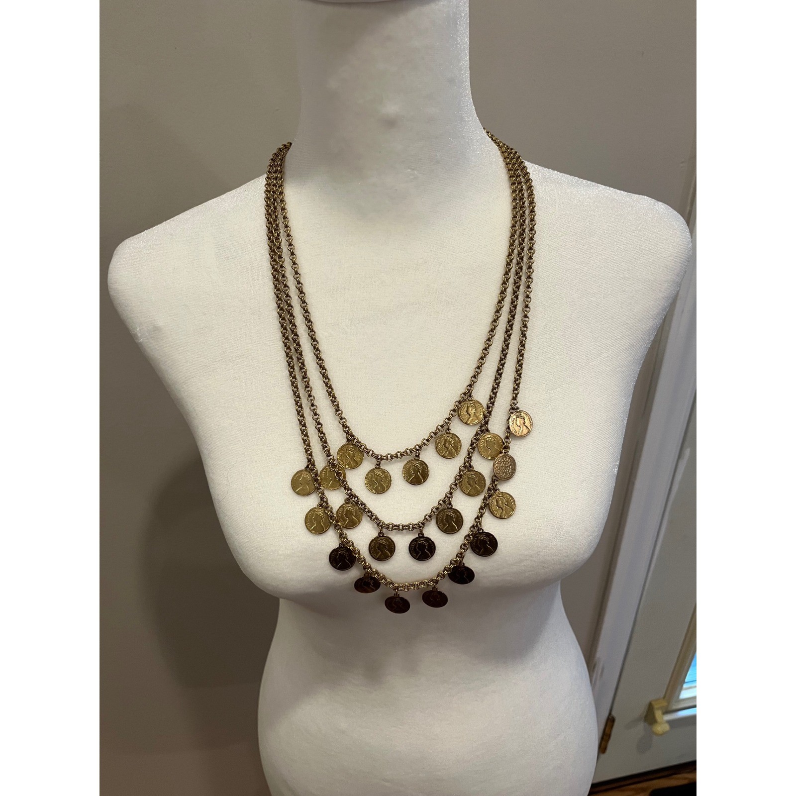 Stella & Dot Gold Tone Triple Strand Coin Charm Tiered Statement Necklace