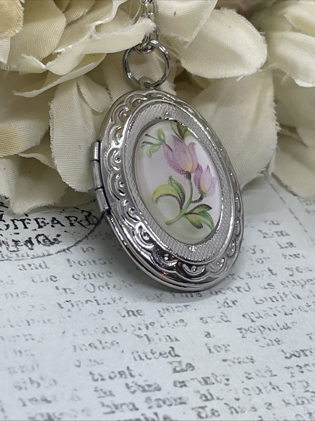 Pink Frosted Tulip Silver Photo Locket Necklace Bridal Gift Mom Wife Anniversary
