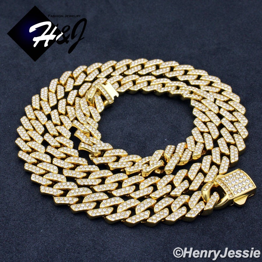 16″-40″MEN Stainless Steel Full CZ 10/12mm Gold Plated Miami Curb Necklace*GN171