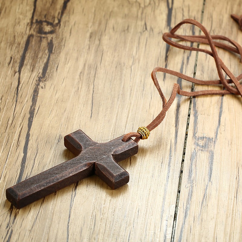 Retro Wood Cross Crucifix Leather Cord Pendant Men Women Necklace Sweather Chain