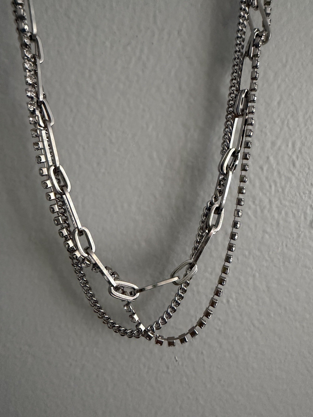 New Express Layered Multi Chain Necklace Paperclip Link Rhinestones Twisted NWT