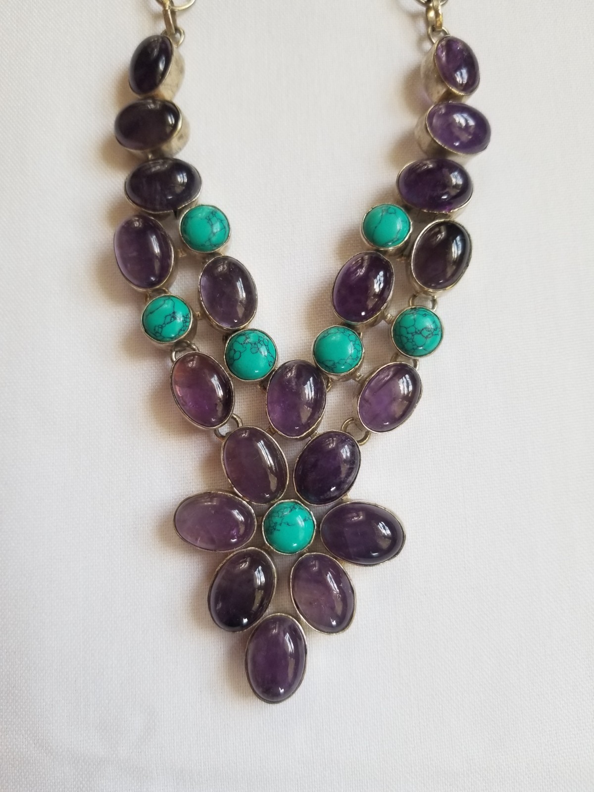 Multi Gemstone Flower Bib Statement Necklace Silver Amethyst Turquoise Handmade