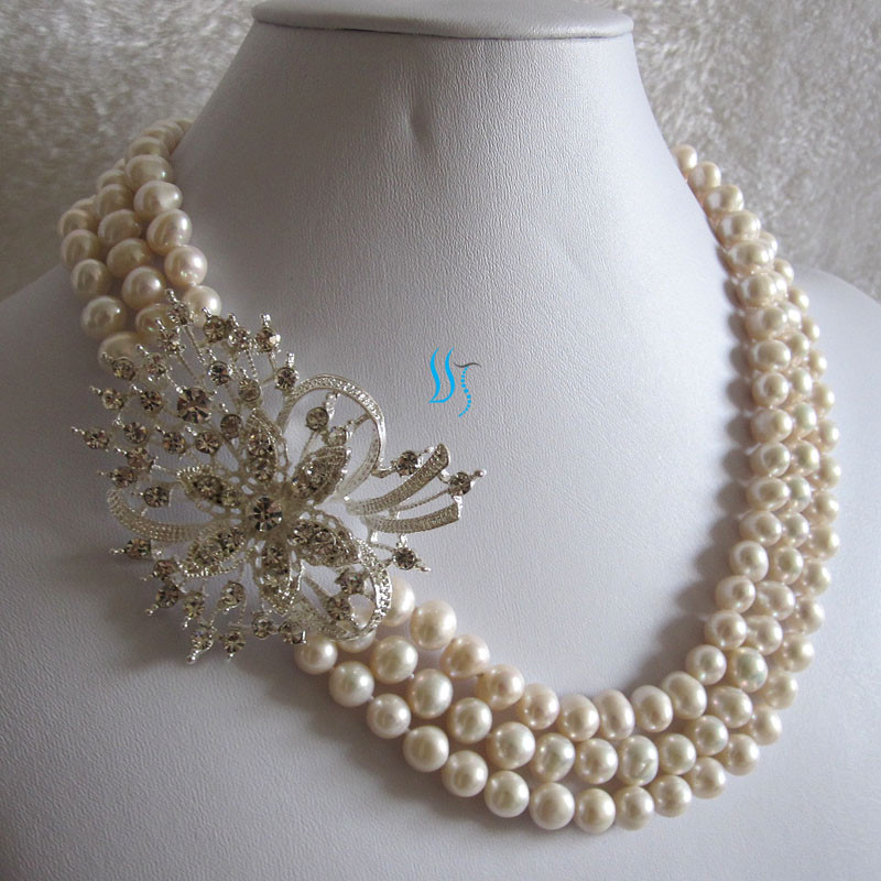 18-20″ 6-8mm 3Row Freshwater Pearl Necklace X2720 Wedding——MORE COLORS