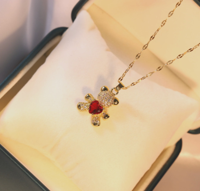 Gold Titanium Love Red Heart Teddy Bear Pave C. Zirconia Pendant Chain Necklace