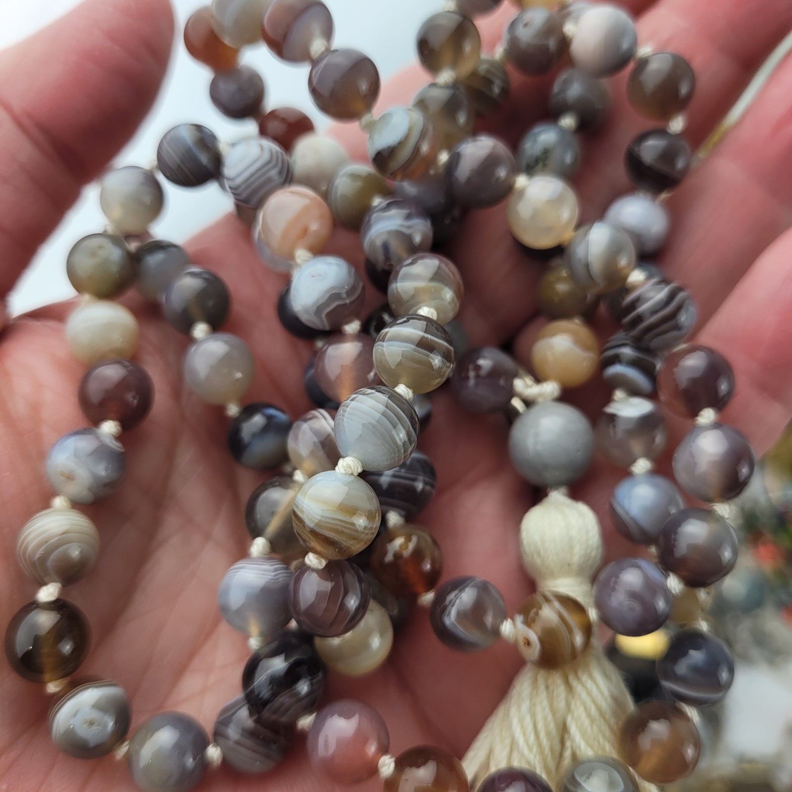 Agate Prayer Bead Necklace Hand Knotted Multi Color 38″